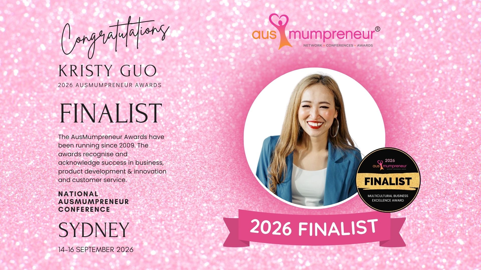 Kristy have been selected as a Finalist in the 2026 AusMumpreneur Awards!